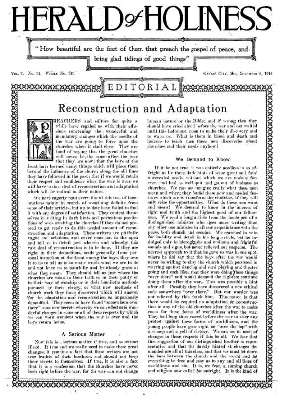 Title Page of Herald of Holiness – November 6, 1918