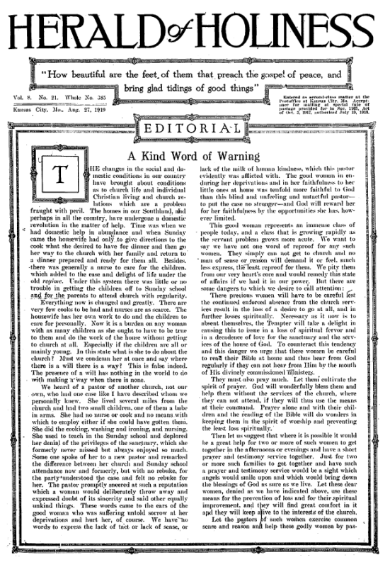 Title Page of Herald of Holiness - August 27, 1919
