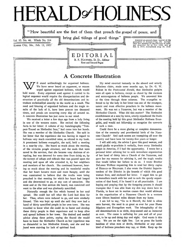 Front page of Herald of Holiness - February 15, 1922