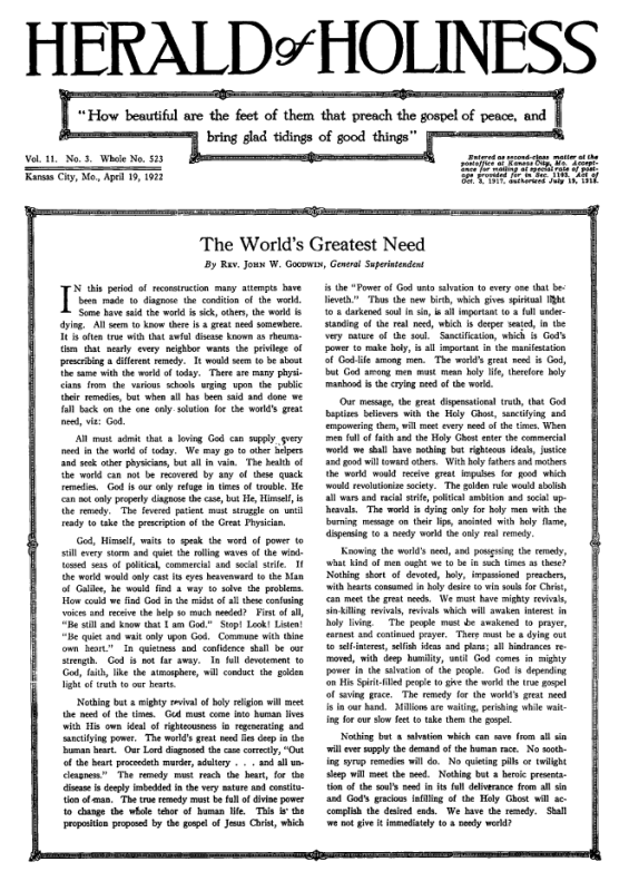 Front page of Herald of Holiness - April 19, 1922