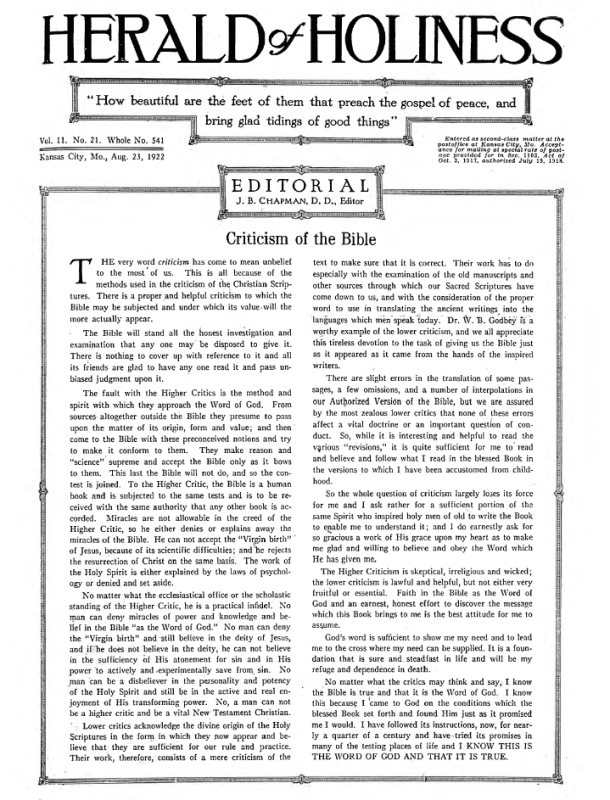 Front page of Herald of Holiness - August 23, 1922