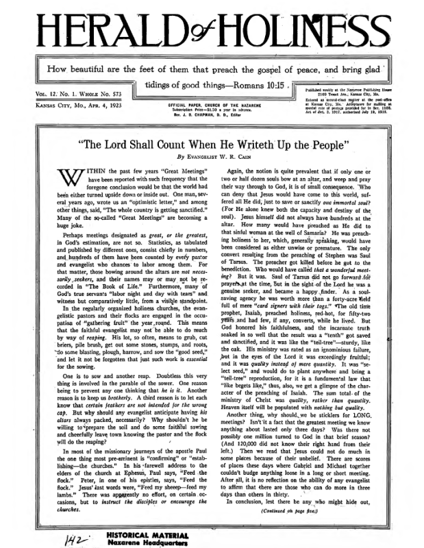 Front page of Herald of Holiness - April 4, 1923