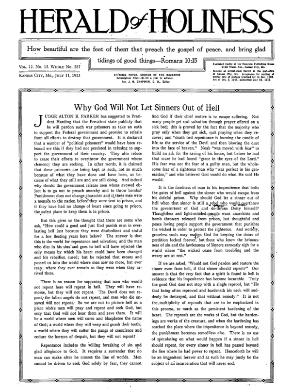Front page of Herald of Holiness - July 11, 1923