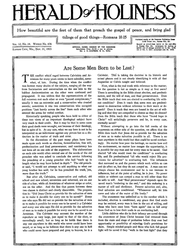 Front page of Herald of Holiness - November 21, 1923