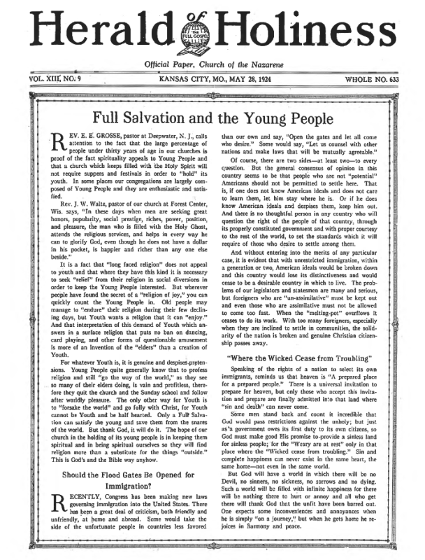 Front page of Herald of Holiness - May 28, 1924