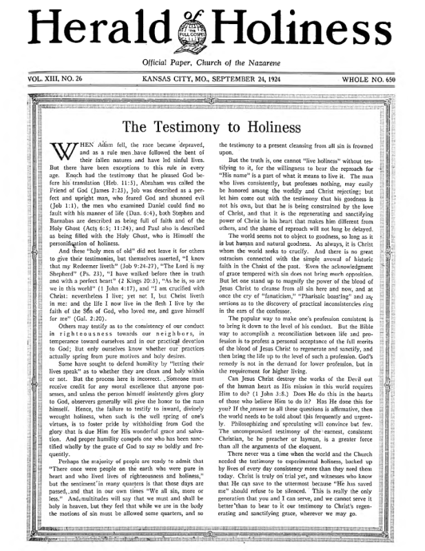 Front page of Herald of Holiness - September 24, 1924