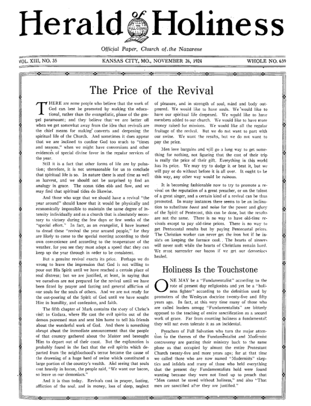 Front page of Herald of Holiness - November 26, 1924