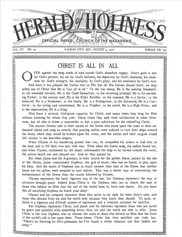 Front page of Herald of Holiness - August 4, 1926