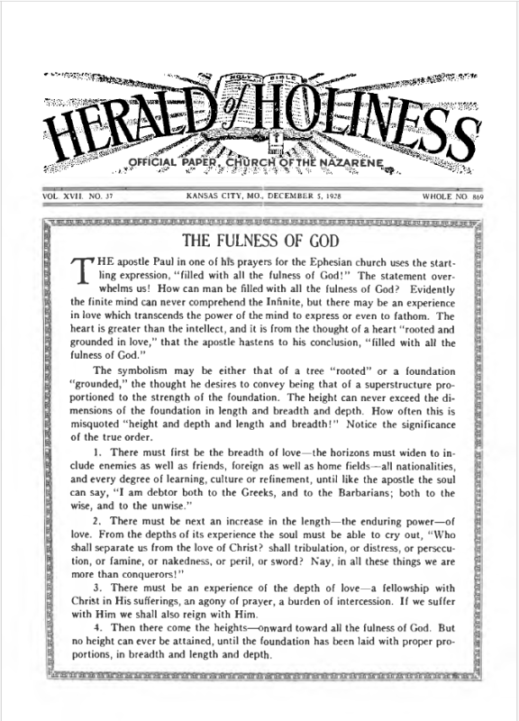 Front page of Herald of Holiness - December 5, 1928