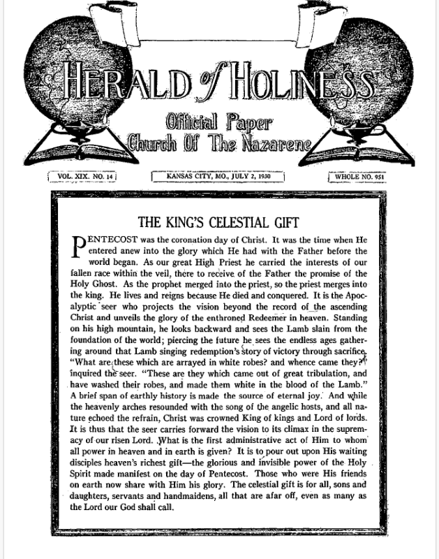 Front page of Herald of Holiness - July 2, 1930